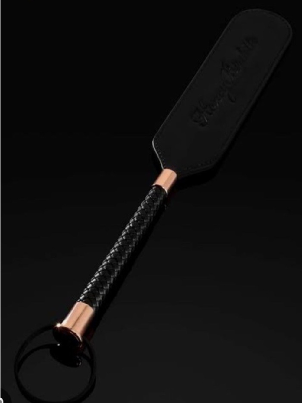 Rare Honey Birdette spank me Black Leather Paddle with Braided Handle Rose Gold